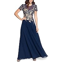 Betsy & Adam Long Embroidered Short Sleeve Chiffon Gown