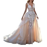 Plus Size Illusion Long Bridal Ball Gowns Detachable Train Lace Beach Mermaid Wedding Dresses for Bride 2022