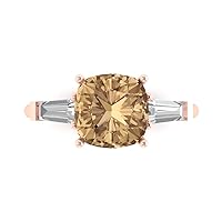 3.47ct Cushion Baguette cut 3 stone Solitaire accent Brown Champagne Simulated Diamond designer Modern Ring 14k Rose Gold
