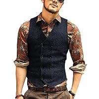 Men Double-Breasted Dress Vest,Groom Tweed V-Neck Casual Business Waistcoat,Wedding,Dating,Dinner Clothing (Color : Navy Blue, Size : X-Large)