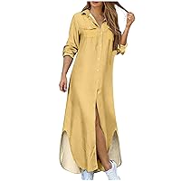 Womens Summer Dresses Casual V Neck Collared Long Sleeve Rolled-Up Button Down Shirt Dress Side Split Long Maxi Dresses