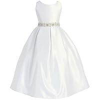 AkiDress Sleeveless Simple Satin Pearl Beaded Communion Dress