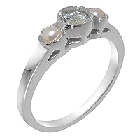 Solid 925 Sterling Silver Natural Aquamarine & Cultured Pearl Womens Trilogy Ring - Sizes 4 to 12 Available