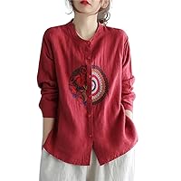 Cotton Linen Embroidery Shirt Women Ethnic Style Cardigan Short Loose Chinese Blouse Spring Long Sleeve Tops