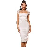 Women's Dress Dresses for Women Contrast Lace Lace Up Back Satin Bodycon Dress Dresses for Women (Color : White, Size : X-Small)