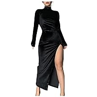 Long Sleeve Velvet Dress for Women Solid High Neck Side Slit Elegant Bodycon Cocktail Party Maxi Dress Long Dresses