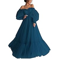 A Line Off Shoulder Puffy Sleeves Prom Dresses Long Tulle Ball Gowns Prom Dresses Wedding Dress for Women Formal Evening