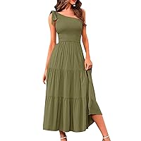 Womens Bohemian One Shoulder Maxi Dresses Summer 2023 Sleeveless Casual Smocked Ruffle Tiered Flowy Beach Boho Dress