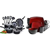 Cook N Home Basics Pots and Pans Cooking Set + Gibson Soho Lounge Square Dinnerware Set, Service for 4, 16pcs (Red)