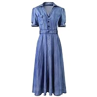 Vintage Women Long Mid-Calf Short Sleeve Denim A-Line Summer V-Neck Thin Dresses