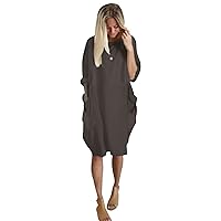 Women Loose Bodycon Drawstring Dress Plus Size Solid Crew Neck Long Sleeve Casual Stretch Short Dresses with Pockets