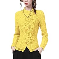 Beaded Pointed Collar Women Long Sleeve Lace Shirt Ruffle Hook Flower Hollow Tops Spring Party Shirt