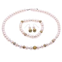 Necklace Set 7-8mm White Freshwater Cultured Pearl Necklace Bracelet and Earrings Jewelry Set with Cloisonne Beads