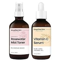 Rose Water Spray for Face & Hair 4 Oz and Vitamin C Serum for Face Antioxidant Serum with Hyaluronic Acid 2 Oz