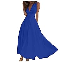 Swing Dress Womens V Neck Outdoor Sleeveless Weekend Maxi Dress Women's Boho Waist Retraction Printed 2024 Long Dress