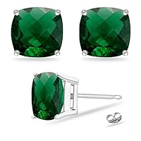 Lab Created Cushion Checkered Emerald Stud Earrings in 14K White Gold Available in 5mm - 8mm
