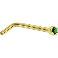 Body Candy Solid 14k Yellow Gold 1.5mm Genuine Emerald L Shaped Nose Stud Ring 20 Gauge 1/4