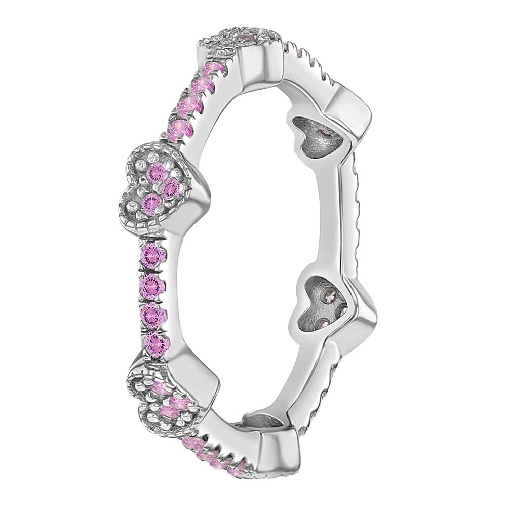 925 Sterling Silver Sparkling Pink Cubic Zirconia Heart Ring Band For Girls & Teens Sizes 2-5 - Classic Pink Ring Bands For Young Girls - Unique & Sparkling Rings For Preteens Formal Events