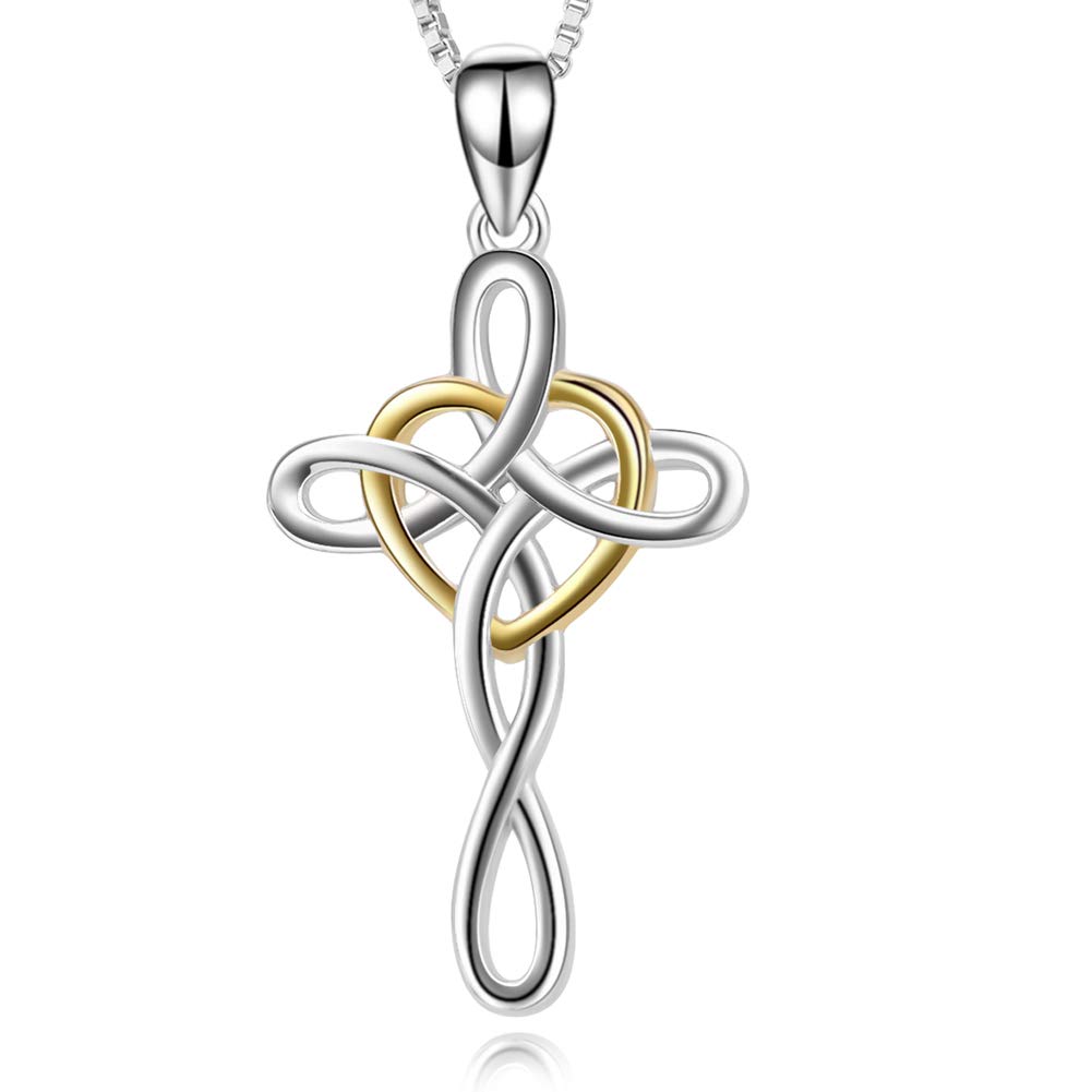 YFN Cross Necklace 925 Sterling Silver Celtic Knot Cross Infinity Heart Love Pendant Necklace 18