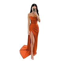 Strapless Bridesmaid Dresses Long Silk Satin Mermaid Corset Prom Dresses Ruched Formal Evening Party Dress with Slit