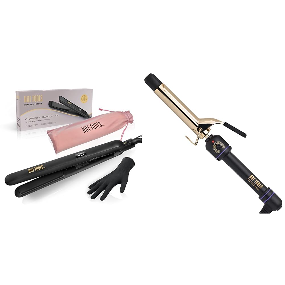 Hot Tools Pro Signature Ceramic + Tourmaline Flat Iron for Sleek Results, 1 Inch Plates & Hot Tools Pro Artist 24K Gold Curling Iron | Long Lasting, Defined Curls (1 in)