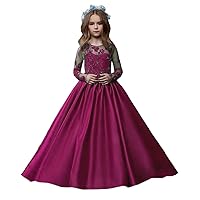 Girl's Long Sleeves Lace Appliqued Flower Girl Dresses Satin Wedding Toddler Pageant Gowns
