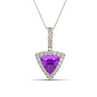 Trillion Cut Amethyst & Natural Diamond 1 1/3 ctw Women Halo Pendant Necklace. Included 16 Inches Chain 14K Gold