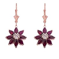 GENUINE RUBY AND DIAMOND DAISY LEVERBACK EARRINGS IN 14K ROSE GOLD