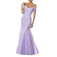 Women's Long Mermaid Prom Dresses Tulle Off The Shoulder Evening Party Gowns with Lace Beaded