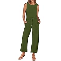 Jumpsuits for Women 2024 Women's Summer Sleeveless Tank Jumpsuits High Waist Loose Casual Crew Neck Flare Long Pants Rompers