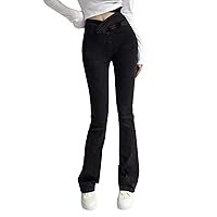 Skinny Bell Bottom Jeans for Women Crossover High Waist Flared Jean Denim Elastic Waistband Comfy Stretch Casual Pants