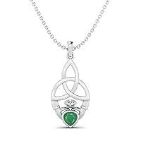 MOONEYE 0.5 Cts Heart Shape Emerald Gemstone Claddagh Traditional Pendant Necklace 925 Sterling Silver Celtic Design Jewelry