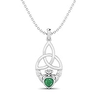 0.5 Cts Heart Shape Emerald Gemstone Claddagh Traditional Pendant Necklace 925 Sterling Silver Celtic Design Jewelry