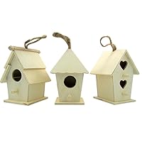 Miniature Natural Unfinished Wood Birdhouse with Jute Cord to Hang, Set of 3