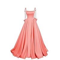 Rjer Women's Spaghetti Straps Satin Prom Dress Ball Gown Long A-Line Formal Evening Gowns with Bow