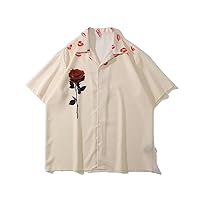 Rose Printed Button Down Collar Men' Shirts Thin for Men Outerwear Male Top