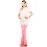 (d771-c-coral) Color Blocked Maxi Dress with a Mock Neck Back Zipper and Inside Lining.