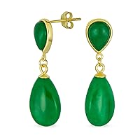 Classic Simple Gemstone Dangle Delicate Double Teardrop Genuine Black Onyx Green Jade Drop Earrings For Women 14K Yellow Gold Overlay .925 Sterling Silver