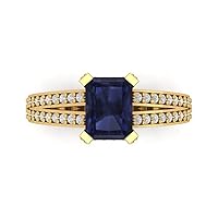 2.8 ct Emerald Cut Solitaire W/Accent split shank Simulated Blue Sapphire Anniversary Promise Wedding ring 18K Yellow Gold