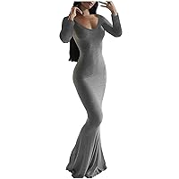 Long Sundresses for Women 2024, Women's Solid Color V Neck Sexy Long Sleeves Backless Fit Long Dress Formal Lo