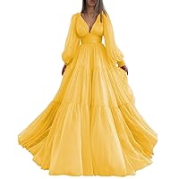 Long Puffy Sleeve Prom Dresses Ball Gown for Women Chiffon V Neck Ruched Formal Evening Party Gown