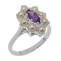 Solid 925 Sterling Silver Natural Amethyst & Cultured Pearl Womens Cluster Ring - Sizes 4 to 12 Available