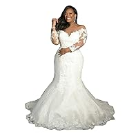 Plus Size Off Shoulder Long Sleeve Mermaid Bridal Ball Gowns Lace up Wedding Dresses for Bride 2023 with Train