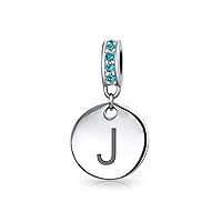 Engravable A-Z Monogram AQUA Crystal Accent Bale Dangle Round Circle Disc Shaped Alphabet Initial Charm Bead For Women Teen .925 Sterling Silver European Bracelet Simulated Aquamarine Birthstone