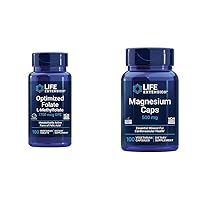 Life Extension Brain & Heart Health Folate and Magnesium Supplement Bundle, 100 Tablets and 100 Capsules