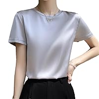 Satin Silk Short Sleeve T-Shirt Women's Summer Thin Relaxed Breathable Solid Color Crewneck Top