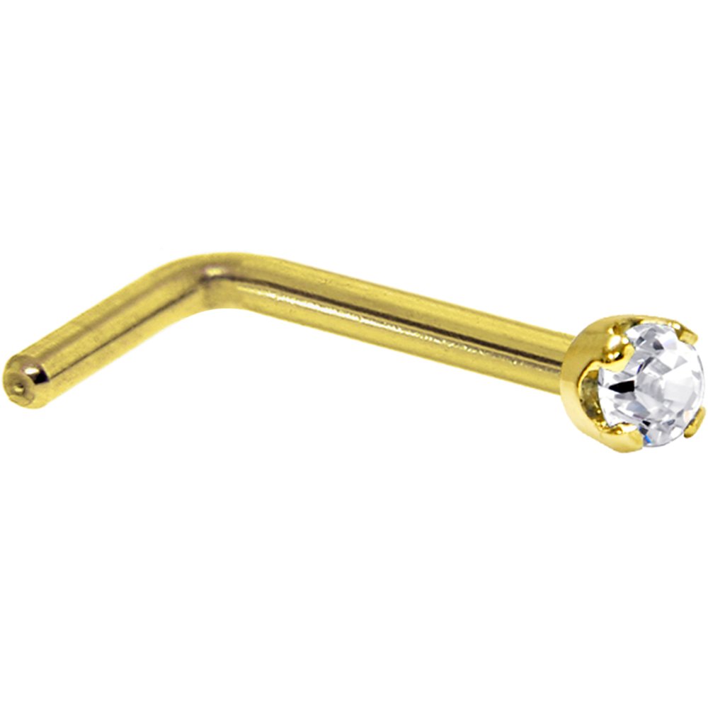 Body Candy 20 Gauge 1/4 inch at Bend 14k Yellow Gold 1.5mm Diamond (0.015 cttw) L-Shaped Nose Ring