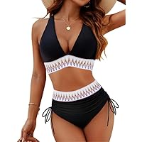 Women High Waisted Bikini Sets Tummy Control Swimsuits Color Block Two Piece Drawstring Bathing Suit