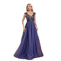 Women's V-Neck Chiffon Evening Dress Elegant Long Sequins Sleeveless Party Prom Cocktail Gowns