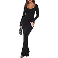 REORIA Womens Sexy Square Neck Long Sleeve Soft Lounge Long Dress Fall Casual Ribbed Bodycon Maxi Dresses